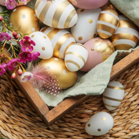 Easter,Decor.,Colored,Easter,Eggs,In,A,Wooden,Box,On
